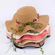 Ruffled Wide Brim Summer Sun Hat with Floral Khaki
