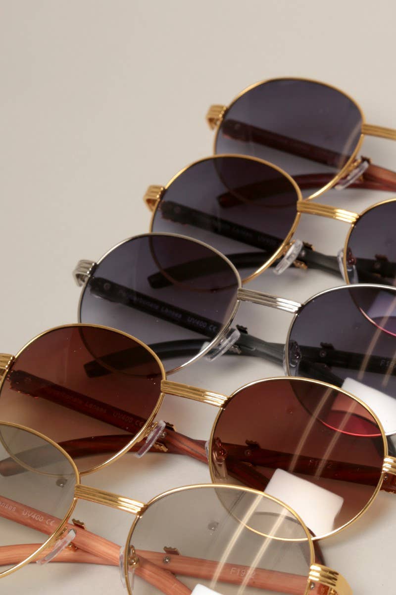 Faux Wood Print Frame Round Sunglasses